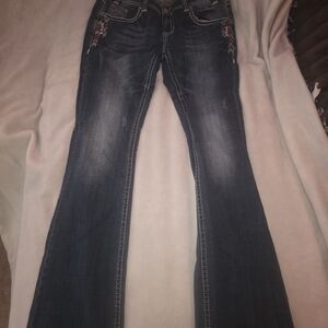 Dark Wash Bootcut Jeans with Embroidered Detail - Blue Size 31x36 Long